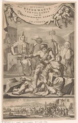 Francouzská reformovaná církev napadena mužem s metlou Titulní strana pro: E. Benoist, Dějiny reformovaných církví ve Vrankrijku, 1696