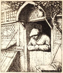 Muž opírající se o své dveře, kolem 1672 (lept)