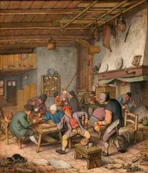 Pokoj v hostinci s rolníky pijícími, kouřícími a hrajícími backgammon - dílo Adriaena Jansze van Ostade (1610-1685) Tužka, křída a akvarel na papíře