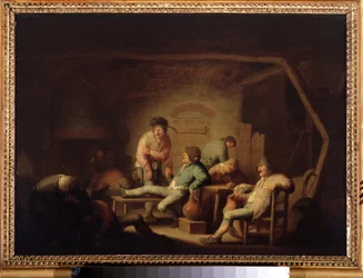 Scéna v hostinci. (Scéna z hospody). Obraz Adriaena Jansze van Ostade (1610-1685), kolem 1635. Holandská škola, barokní sloh. Olej na dřevě. Puškinovo muzeum, Moskva.