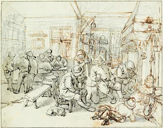Skupina rolníků v krčmě (Společnost sedláků v krčmě) - Kresba Adriaen Jansz van Ostade (1610-1685), tužka a tuš na papíře, cca 1675 - Albertina, Vídeň (Rakousko)