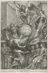 Alegorický titulní list se sraženou Závist Titulní strana pro: C. Hazart, Kerckelycke historie, 1669