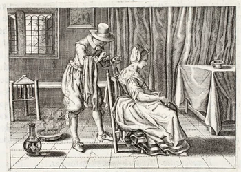 Přikládání pijavic, ilustrace z "Emblemata of Zinne-werk" od Johannese de Brune (1589-1658), Jan Jacobs Schipper, Amsterdam, 1661