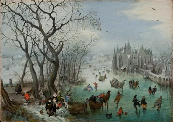 Zimní krajina s bruslaři u hradu, 1615