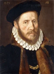 Portrét vousatého gentlemana, délka přes prsa, zlaté řetízky pod kabátem s kožešinou, 1575