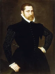 Portrét gentlemana, tříčtvrteční postava, v černém oděvu s bílým okružím, 1564