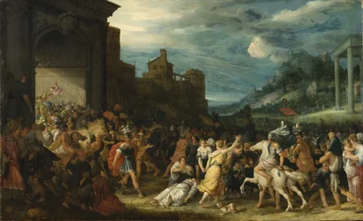 Les Horace entrent dans Rome - Horatii vstupující do Říma, Stalbemt, Adriaen, van (1580-1662). Olej na dřevě. Rozměr: 67 x 109 cm. Národní muzeum Stockholm