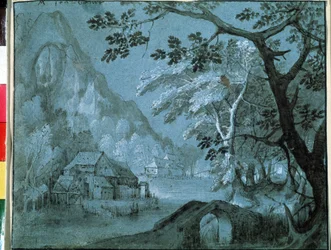 Krajina horského jezera s mlýnem (Krajina s mlýnem u horského jezera). Kresba Adriaen Van Stalbemt (1580-1662). Grisaille na papíře