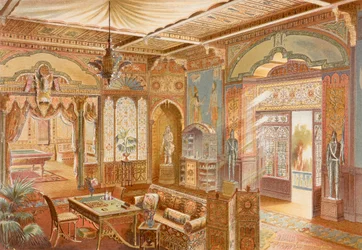 Herna v asyrském stylu, ilustrace z „La Decoration Interieure“ vydané kolem roku 1893-94 (barevné lito)