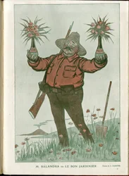 Ilustrace A Barrere (1874-1931) v časopise "Fantasio", 15. 6. 2015 - Pan Salandra aneb Dobrý zahradník - Válka 14-18, Itálie, víno, neutralita, květiny, sopečné erupce, předseda Rady, Terst - Salandra Antonio