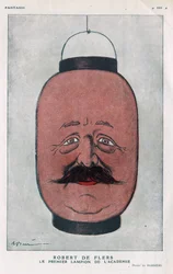 Robert Pelleve de La Motte-Ango (Motte Ango), markýz de Flers, francouzský dramatik (1872-1927). (První lucerna akademie). Cartoon od Barrere ve „“Fantasio““ z června 1921.