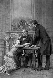 Divadelní představení: 1. dějství "Jean Baudry"" od Augusta Vacquerieho (1819-1895) se slečnou Bertet (Andree), panem Barrem (Bruel), Edmondem Gotem (1822-1901) (Jean Beaudry). Paříž, komedie Francaise