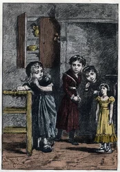 Thenardierovy dvě dcery, Eponine a Azelma, se dívají na Cosette, která dostala panenku Catherine - Ilustrace Adriena Marieho (1848-1891) pro „Bídníky - Druhá část: Cosette“ od Victora Huga (1802-1885), 1862