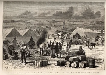 Pohled na tábor Black Buttes, poslední stanice v rudé poušti (mojavská poušť) Pacifické železnice, v září 1868, rytina podle kresby A. Marie, ilustrující cestu z Washingtonu do San Francisca, v roce 1868, od L. Simonin, publikované v