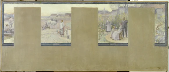 Skica pro radnici v Nogent-sur-Marne: Le canotage - le labourage - la villégiature - le jardinage, en 1889 (olej na plátně (armure))