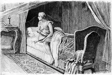 Rytina Adriena Moreaua (1843-1906) ilustrující „“Candide““ od Francoise Marie Arouet dit Voltaire (1694-1778).