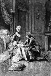 Rytina Adriena Moreaua (1843-1906) ilustrující „“Candide““ od Francoise Marie Arouet dit Voltaire (1694-1778).