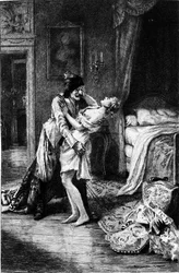 Rytina Adriena Moreaua (1843-1906) ilustrující „“Candide““ od Francoise Marie Arouet dit Voltaire (1694-1778).