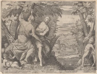 Angelica a Medoro stojí vedle potoka, zatímco Medoro vyřezává jejich jména do tr..., 1590-98.