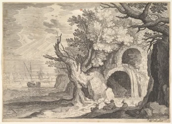 Zničený akvadukt s vodou, která se z něj rozlévala do potoka pod ním, lodě na moři za ..., ca. 1600.