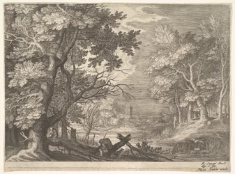 Lesní scéna s bažinatými břehy, dvěma muži a psem z profilu vlevo, dva s dlouhým krkem..., ca. 1600.