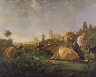 Vzdálený pohled na Dordrecht se spícím pastýřem a pěti kravami („Malý Dort“), kolem roku 1650-52