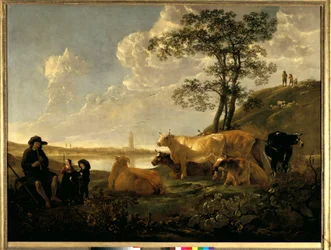 Krajina u Rhenenu: pasoucí se krávy a pastýř hrající na flétnu. Obraz Alberta (Aelberta nebo Aelbrechta) Cuypa (1620-1691)