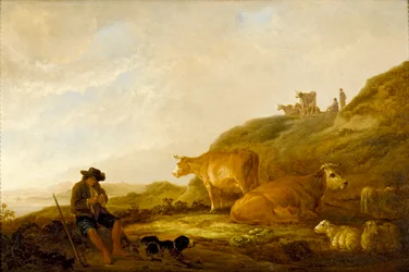 Sedící ovčák s krávami a ovcemi na louce, c1644