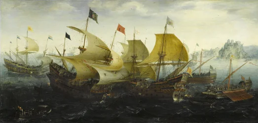 Bitva u Cádizu Holandské a anglické lodě útočí na španělskou armádu, 1608