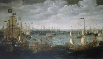 Vypouštění střelných lodí proti španělské Armadě, 7. srpna 1588, asi 1590 (olej na plátně)