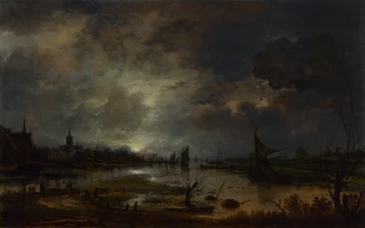 Řeka blízko města, za měsíčního svitu, c. 1645