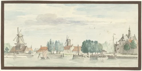 Pohled na Dordrecht s Rietdijkspoort a větrnými mlýny