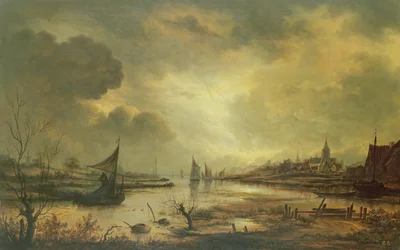 Dutch Town on a River by Moonlight (olej na panelu)