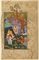 Folio from a Divan (shromážděné básně) od Awhadi; verso: Encampment, Herát, Afghánistán, 1615-16 (neprůhledný akvarel, inkoust a zlato na papíře)