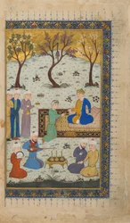 Folio z neidentifikovaného textu; verso: Princ na trůnu obklopený dozorci, Herát, Afghánistán, kolem 1425-30 (neprůhledný akvarel, inkoust a zlato na papíře)