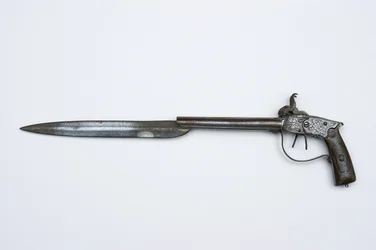 Dvojhlavňová perkusní pistole, cca 1840 (ocel, mosaz a roh)
