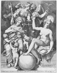Alegorie žalmu Davidova, Misericordia sedící vlevo a krmící čtyři děti s..., 1579.