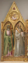 Svatý Ondřej a svatý Benedikt s archandělem Gabrielem [levý panel], krátce před rokem 1387 (tempera na topolové desce)
