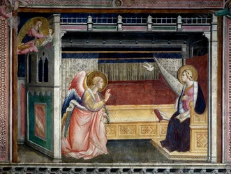 Freska Zvěstování od Agnola Gaddiho (1350-1396) Prato ze 14. století, Cathedrale, Cappella del Sacro Cingolo