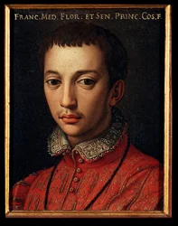 Portrét Františka I. Medicejského (Francesco I de Medici) (1541-1587) Malba mladého chlapce Allori Angelo di Cosimo dit Bronzino (1503-1572) 16. století Slunce 15x12 cm Palác Medici-Riccardi (Medici Riccardi) Florencie