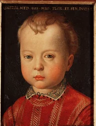 Portrét Garzia de Medici (Garzia de Medici) (1547-1562) Dětská malba od Allori Angelo di Cosimo dit Bronzino (1503-1572) 16. století Slunce 15x12 cm Palác Medici-Riccardi (Medici Riccardi) Florencie
