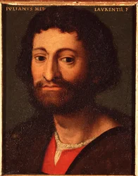 Portrét Juliena de Medici (1478-1516) (Giuliano de Medici) vévoda z Nemours Malba Allori Angelo di Cosimo dit Bronzino (1503-1572) - 16. století Slunce 15x12 cm Palác Medici-Riccardi (Medici Riccardi) Florencie