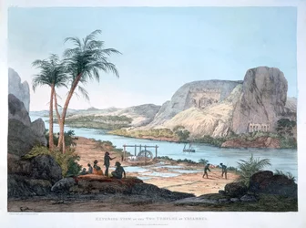 Vnější pohled na dva chrámy v Ybsambul, Egypt, 1820