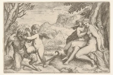 Láska vítězí nad vším Omnia vincit Amor, v boji se satyrem Amor umístí svůj pravý kn..., 1599.