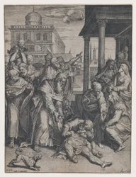 Svatý Pavel zvedá Patrokla, který je na zemi, obklopený skupinou přihlížejících, ..., 1583.