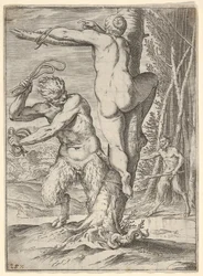 Satyr bičující nymfu, zobrazenou zezadu a přivázanou ke stromu, druhý satyr..., kolem roku 1590-95