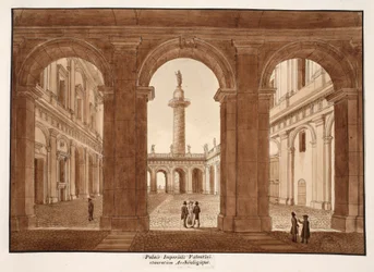 Palazzo Imperiali Valentini. Archeologické restaurování., 1833 (lept s hnědou lazurou)