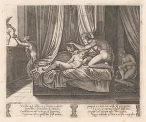 Talíř 13: Psyché při pohledu na Amora, z Příběhu o Amorovi a Psyché, jak jej vyprávěl Apulei..., 1530-60.
