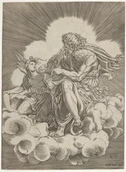 Sv. Matouš, sedící na obláčku a nořící brk do kalamáře drženého andělem..., ca. 1518-20.