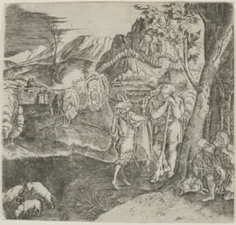Pastýři a satyr v krajině